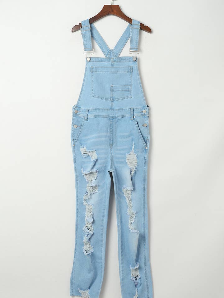 Blue Constructed Bib Pocket Distressed Denim Overalls for wholesale on Faire