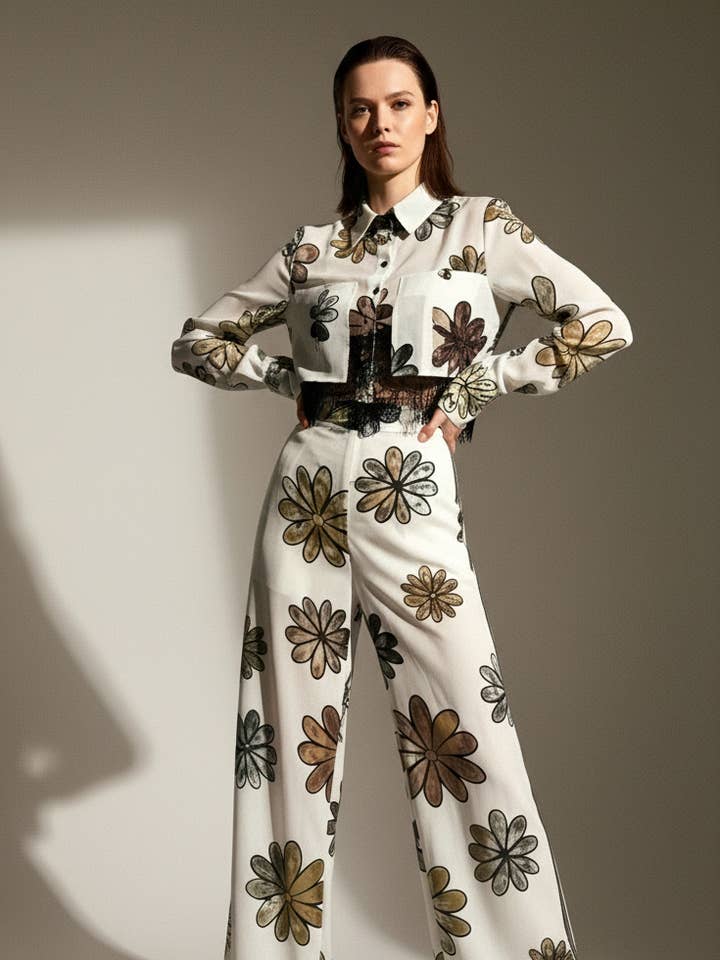 Conjunto de Calças Transparente com Flores e Renda por atacado de Gingham Doll