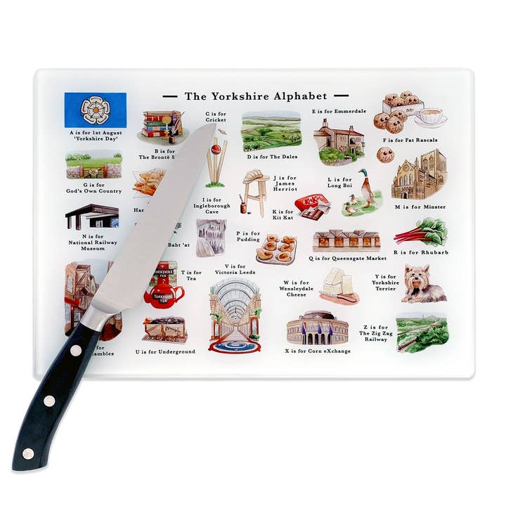The Yorkshire Alphabet Glass Cutting Board for wholesale by Yeti Cards & Gifts