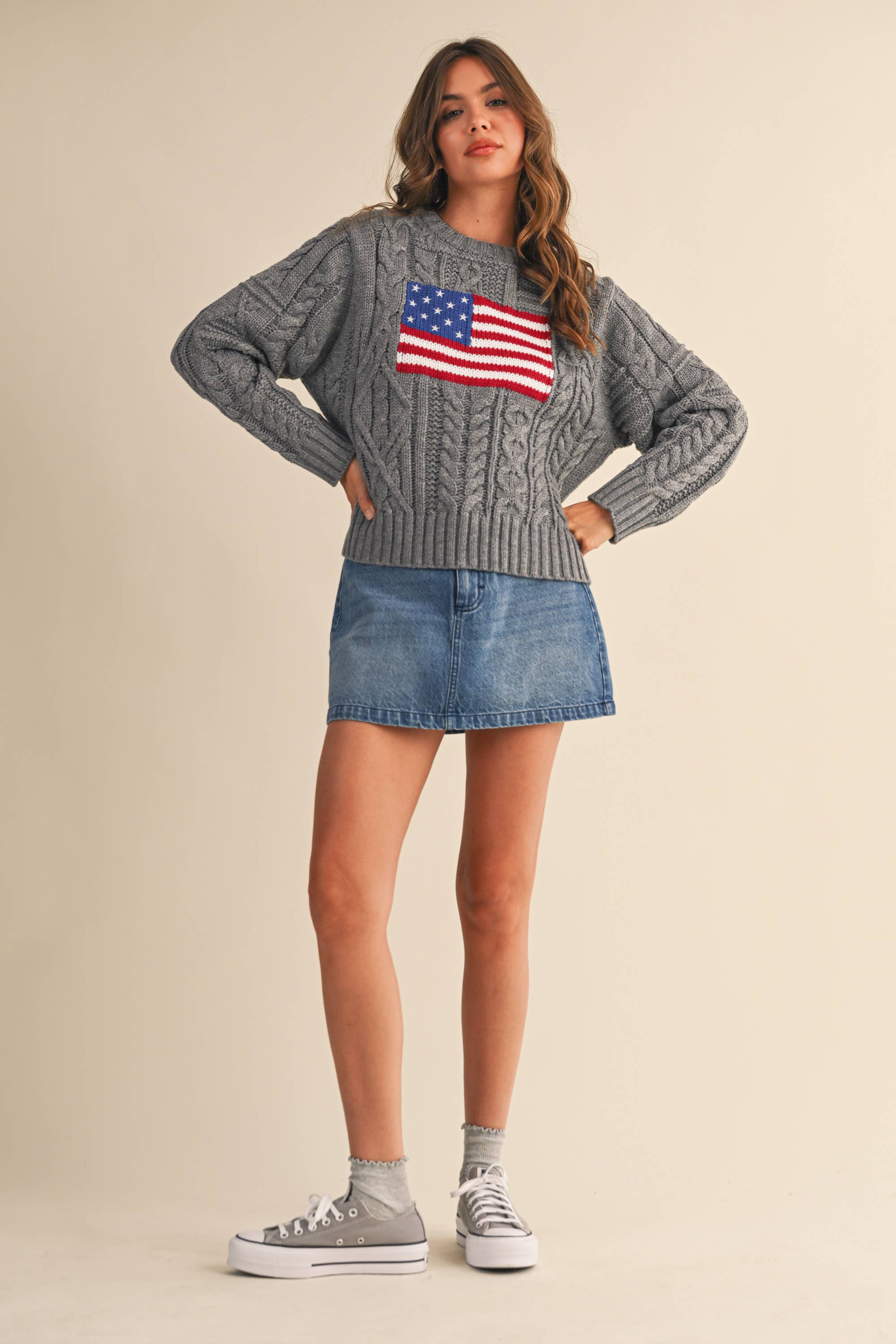 Klesis - Vente Pull en maille – femme - IT4473 PULL EN MAILLE CÂBLÉE AVEC DRAPEAU AMÉRICAIN7