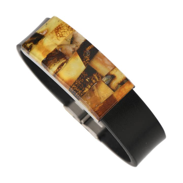 Armband met zwart leer en mozaïek amber voor wholesale door The Natural Amber