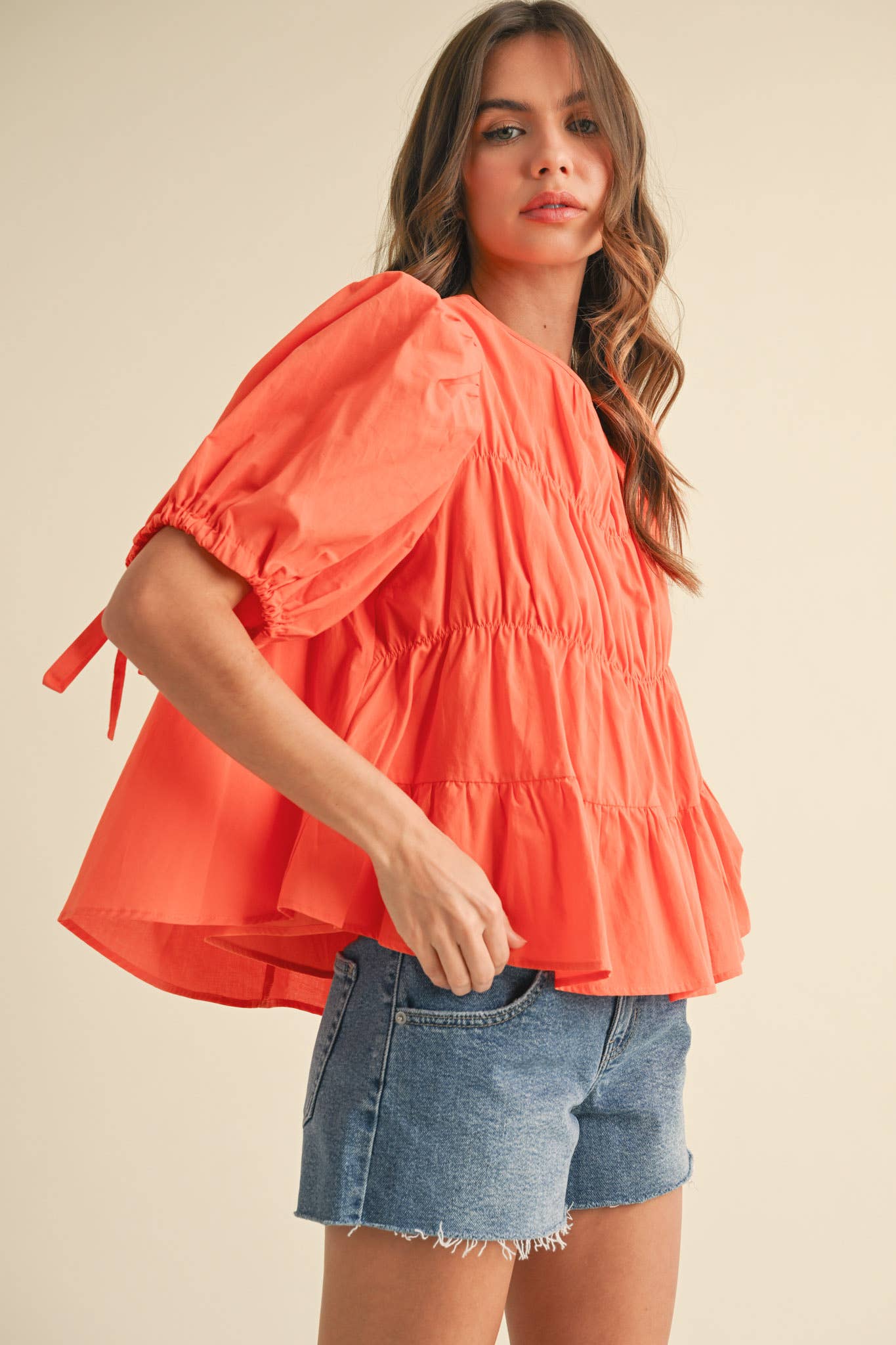 &MERCI - Wholesale Blouse - Women's - TIERED SHIRRING PUFF SLEEVE TOP MTP308166