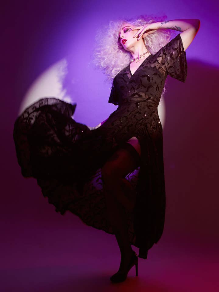 Lydia Wrap Dress in Queen of Halloween Black Flocked Mesh for wholesale by Wax Poetic Clothing