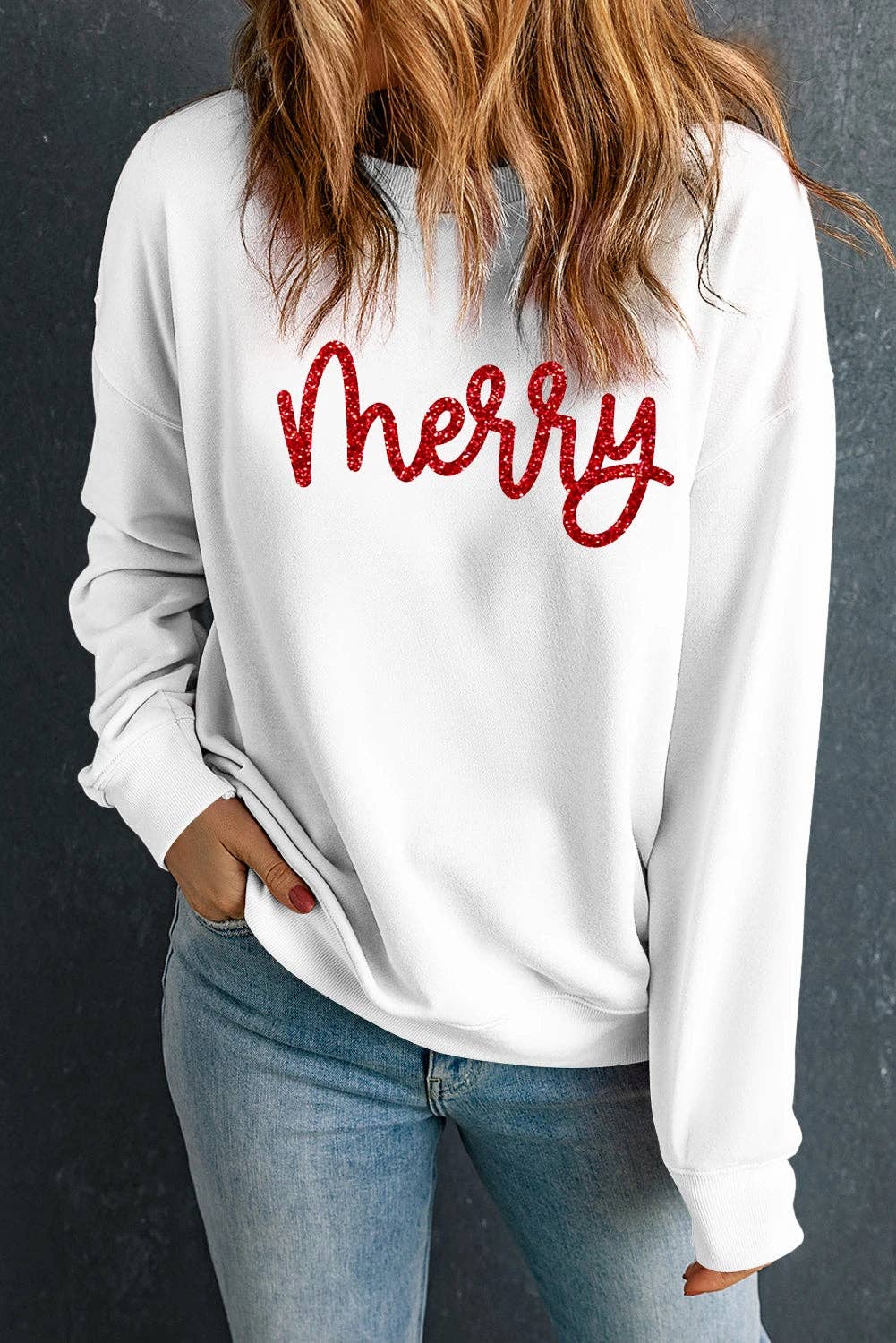 Beige Merry Graphic Christmas Crew Neck Sweatshirt for wholesale on Faire