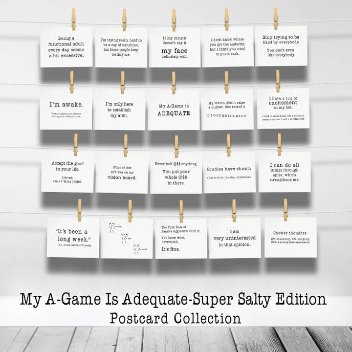 My A-Game is Adequate Super Salty Postcard Edition 20-25-30 for wholesale by Life of the Kind