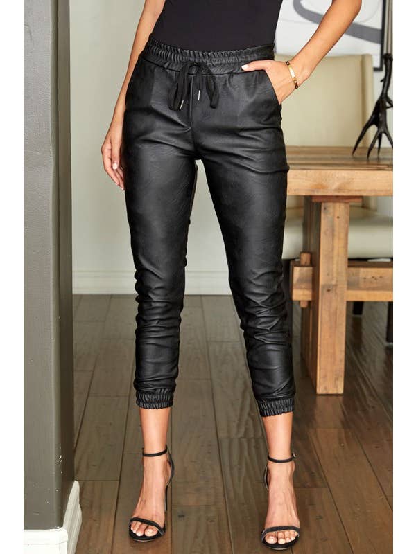 VENTI6 - Wholesale Pants - Women's - PU ELASTIC WAISTBAND ELASTIC ANKLE JOGGERS (97800-PU)