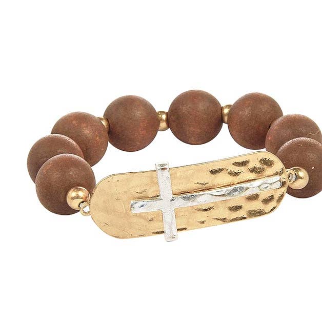 Wooden Bead, Two Tone Metal Cross Bracelet, 4 Assorted for wholesale by Kaleidoscope Accessories