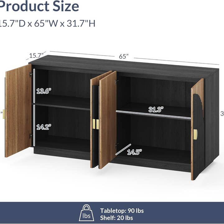 65 Inch Fluted Buffet Cabinet With Storage In Camel for wholesale on Faire1