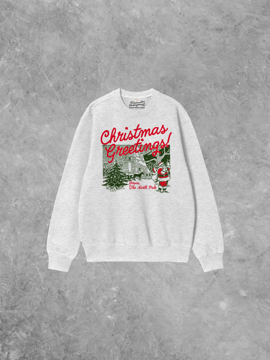 The Clandestine Underground - Wholesale Graphic Sweatshirt - Unisex - Christmas Greetings! North Pole Boxy Cotton Sweatshirt0
