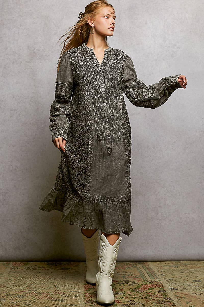 Pol Clothing - Wholesale Dress - Women's - Vintage Pintuck Ruffle Washed Boho Dress2