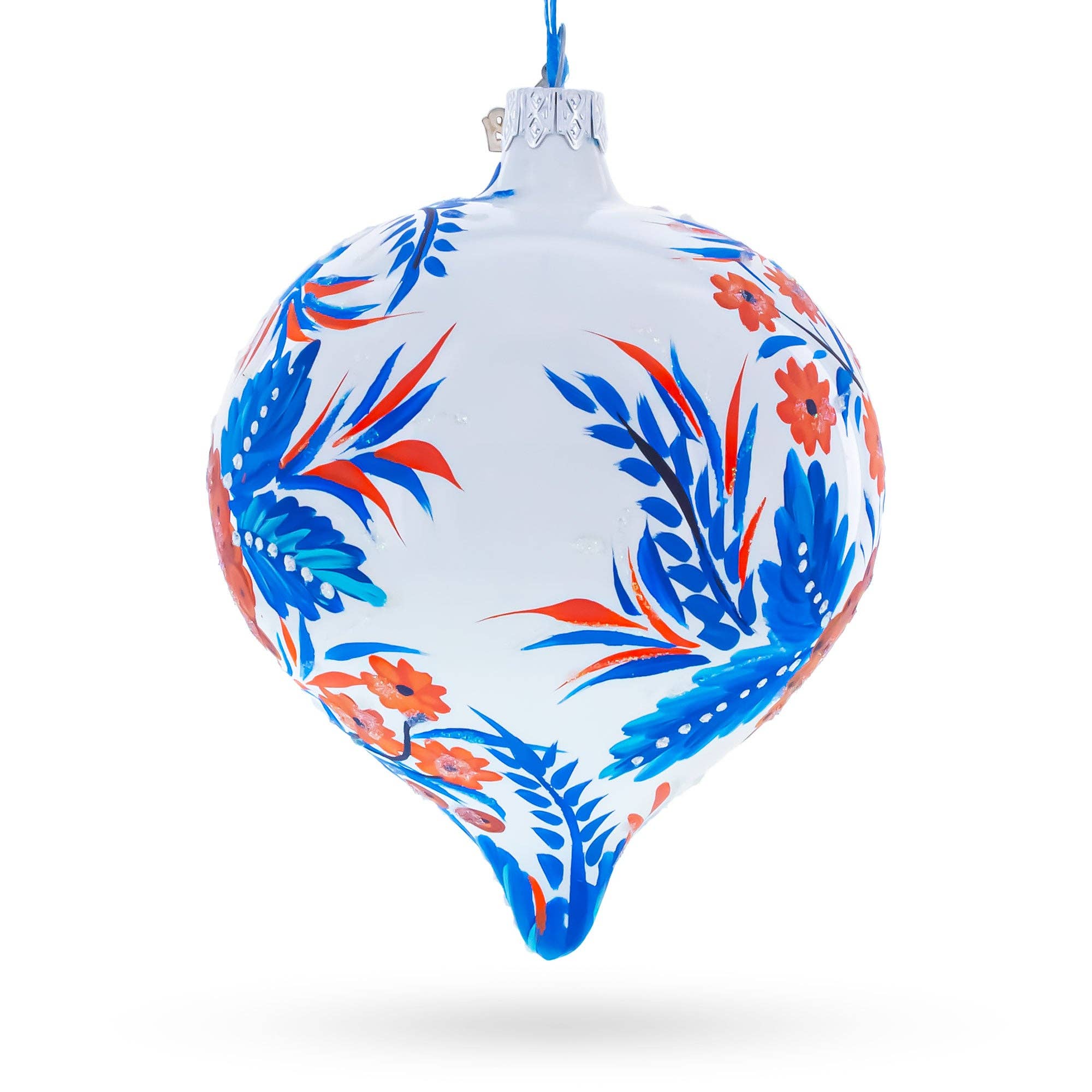 BestPysanky – wholesale Ornament – White and Blue Floral Blossom Onion-Shape Finial Glass Christmas Ornament2