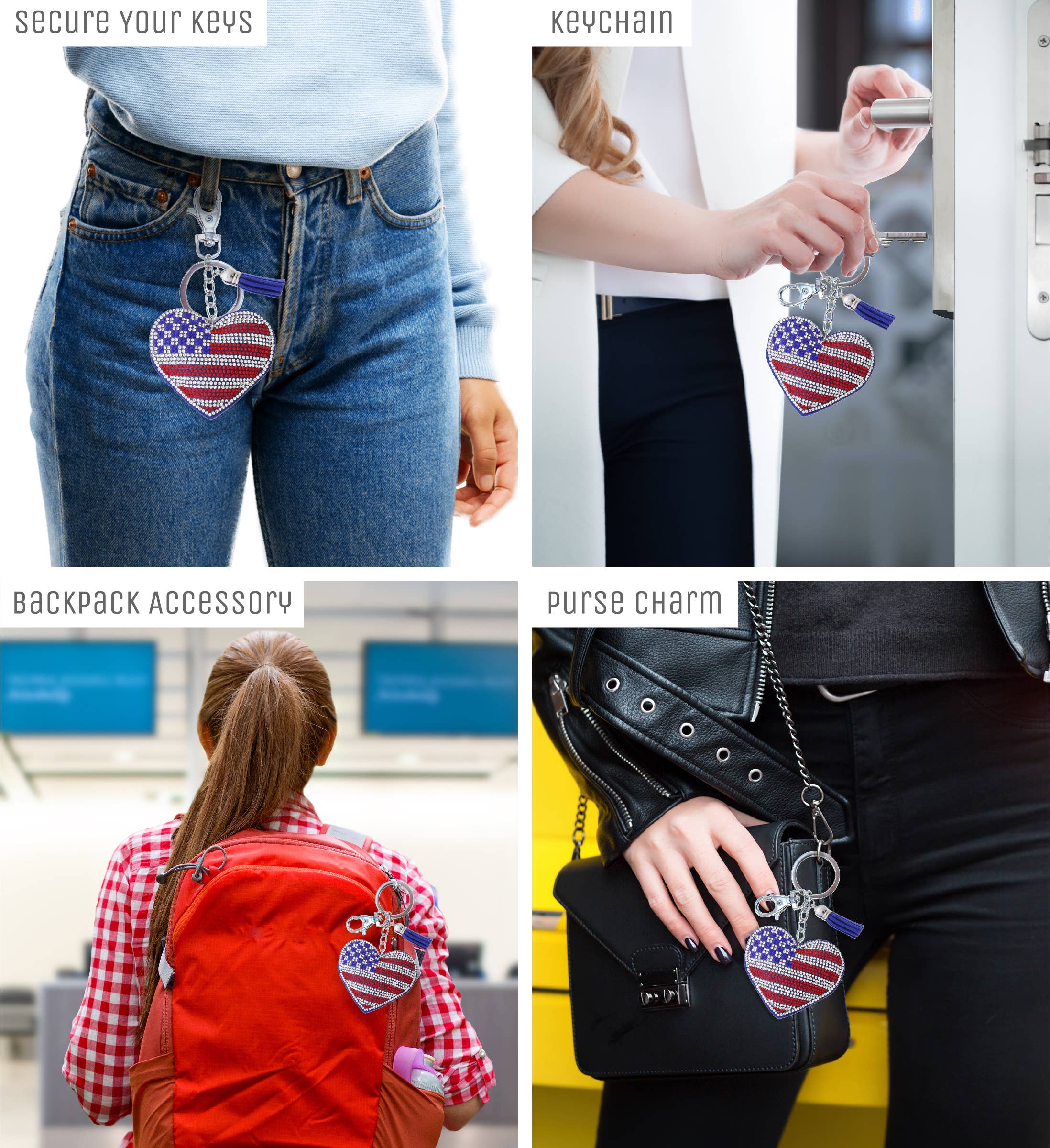 Cota Global - Wholesale Keychain - Unisex - Sparkling Rhinestones Charm With Tassel - Usa Flag Heart2