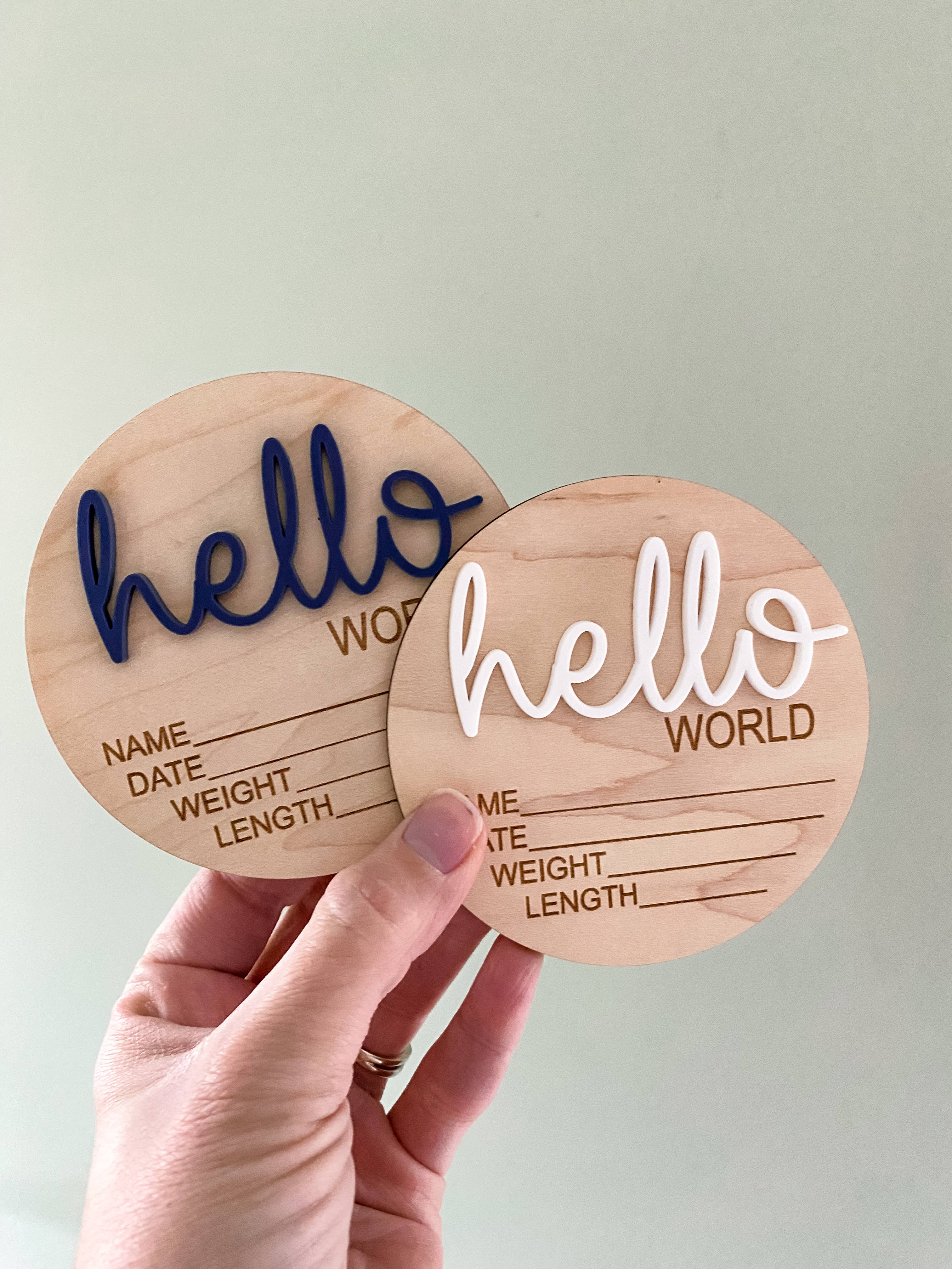 Claire and Bella - Wholesale Milestone Art/Keepsake - Kids & Baby - Hello World Birth Stat Announcement Wood Disc - Layered 3D23