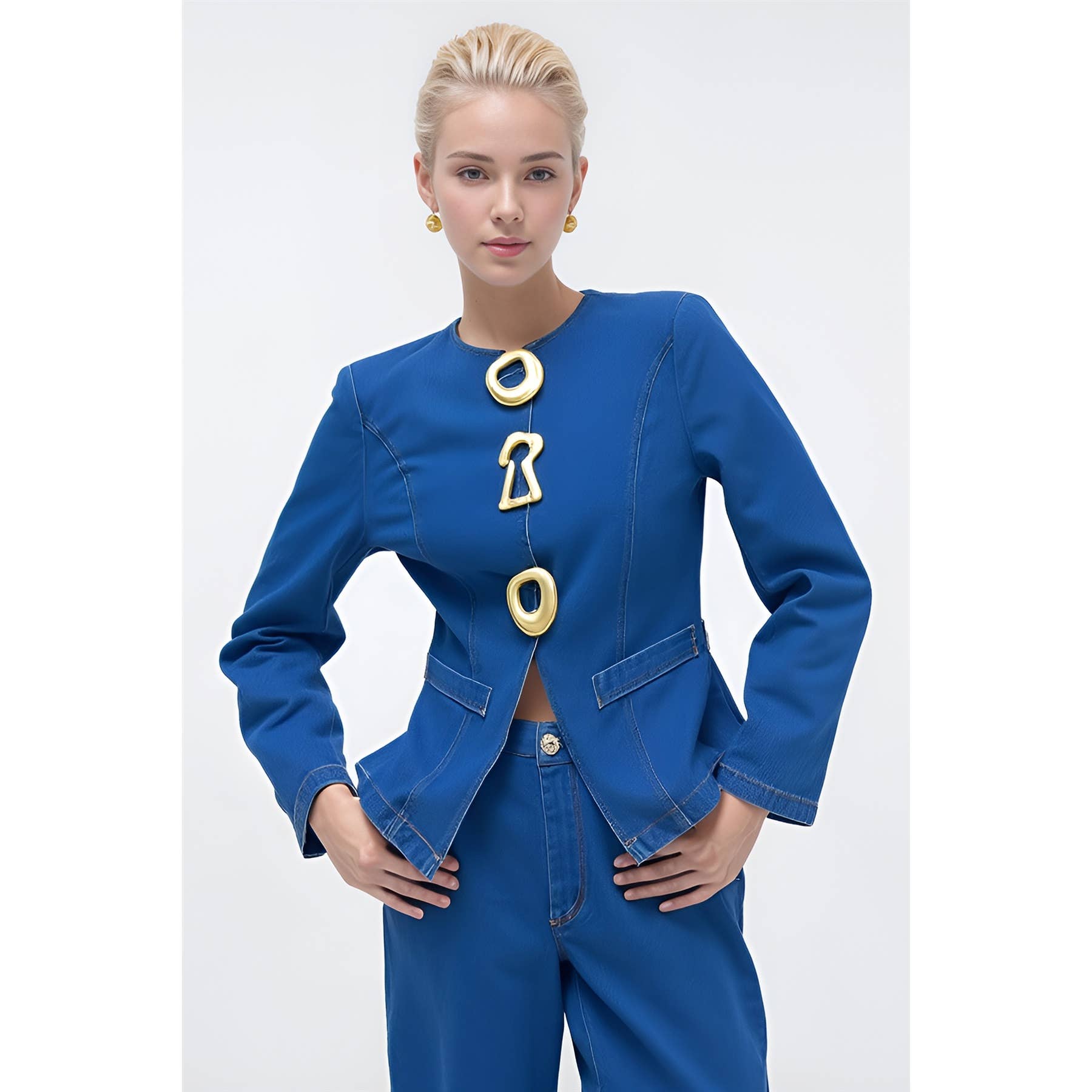 Wholesale X0236LS Gold Statement Button Denim Set for your store - Faire