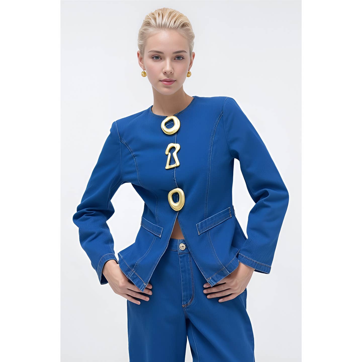 Wholesale X0236LS Gold Statement Button Denim Set for your store - Faire