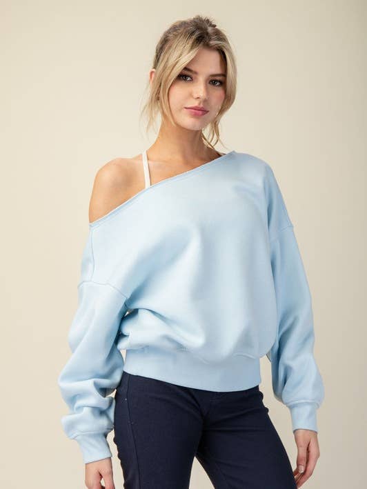 T689937 OFF SHOULDER FRENCH TERRY FLEECE TOP for wholesale by Sunday Morning