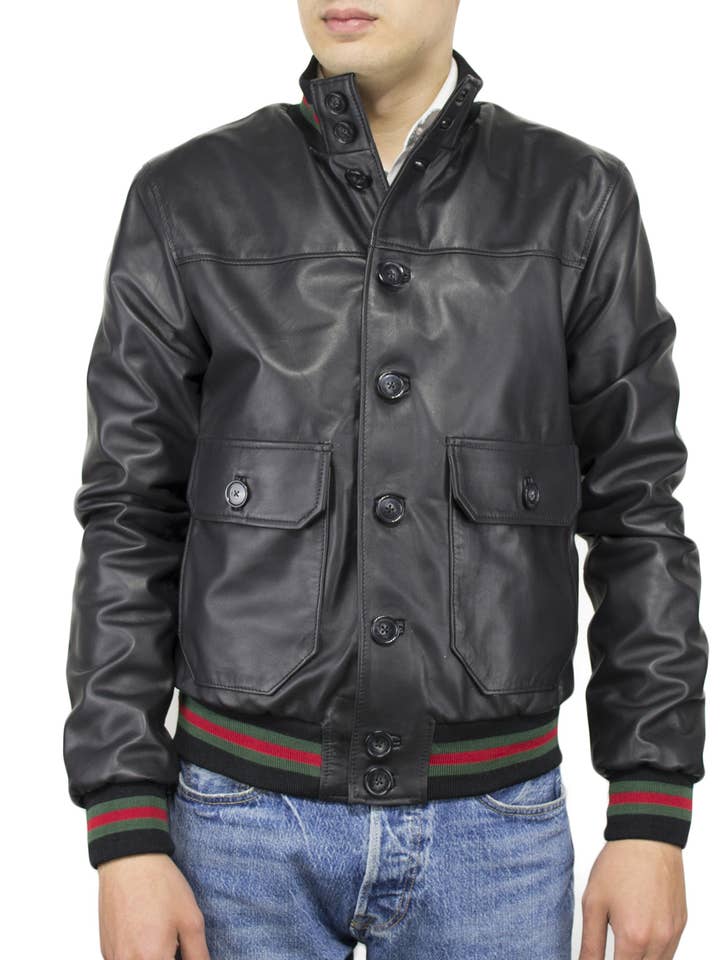 U03 BIS- Cazadora bomber de piel con botones Black SE para venta al por mayor de Michelangelo srls