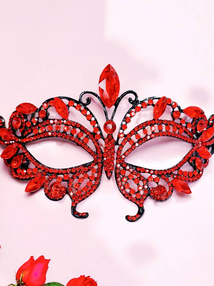 Red Crystal Masquerade Mask, Black Party Mask, Venetian Mask for wholesale by Happy Dream Gifts