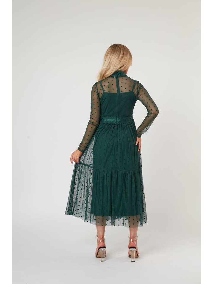 Roman Lola Polka Dot Tulle Midi Dress in Green for wholesale on Faire6