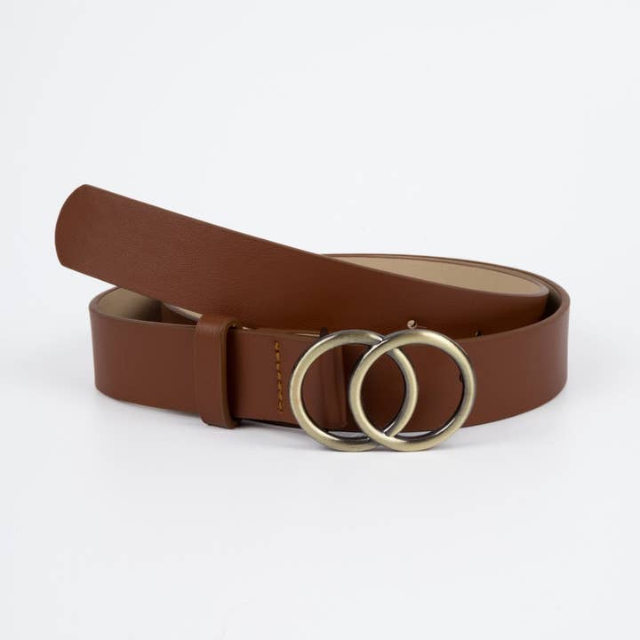 Nakoa The Label - Wholesale Belt – Women's - Vegan PU Leather Belt - Montpellier - Double Ring Buckle - Gold / Tan - 105cm