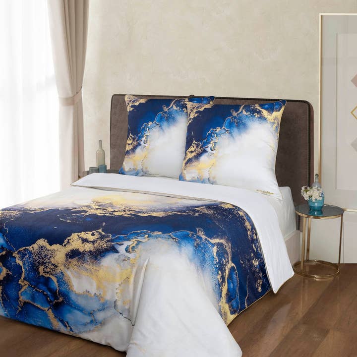 Aymando Home – Engroshandel Sengesæt – Deluxe sengetøjssæt 100% bomuld Mako Satin Marmor Blå5