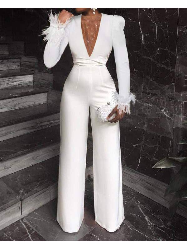 WHITE vneck fuzzy detail jumpsuit for wholesale on Faire2