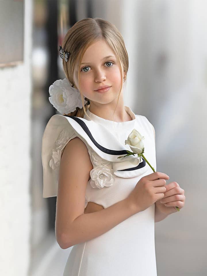 Petite Maison Kids – Großhandel Kleid – Kinder – Alex Weißes Rüschenkleid mit schwarzer Kontrastlinie7