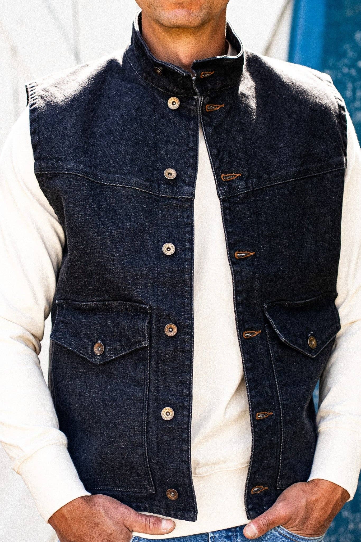 James Vest | Black 14oz Broken Twill Denim for wholesale on Faire6