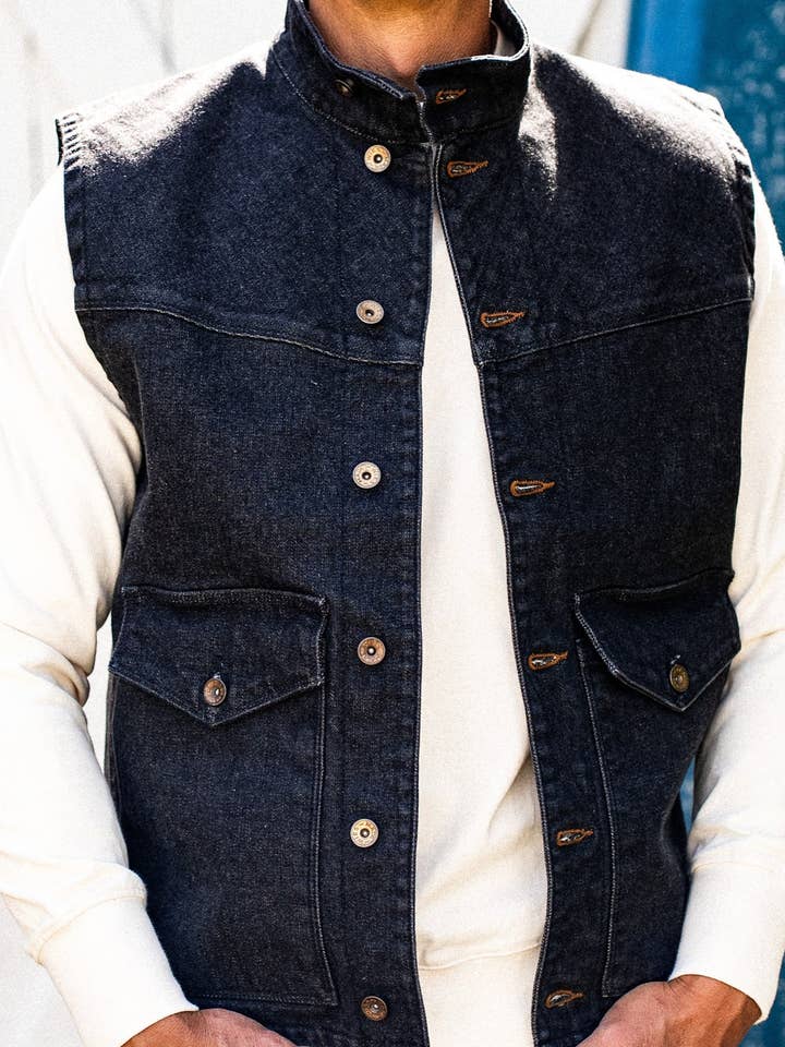 James Vest | Black 14oz Broken Twill Denim for wholesale on Faire6
