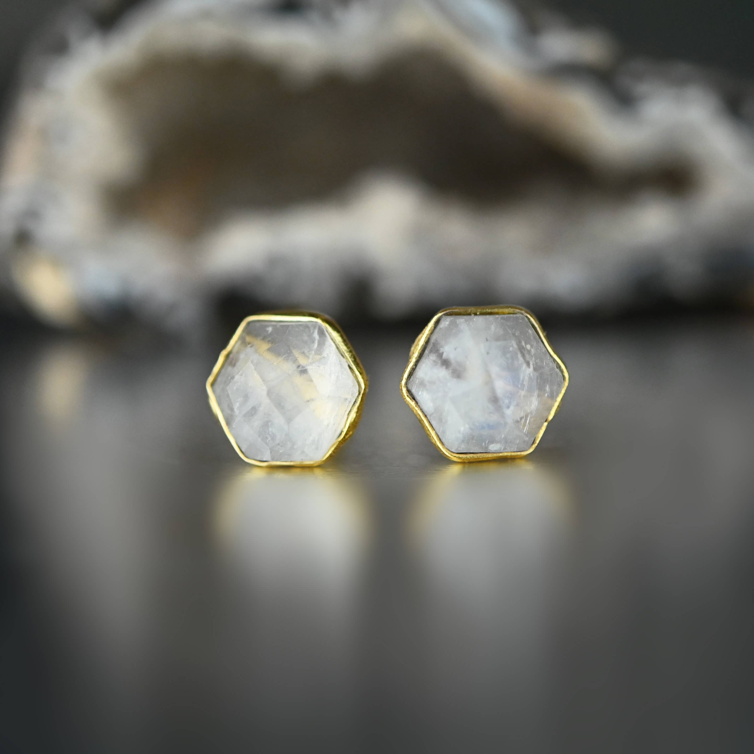 KBD Studio - Wholesale Stud/Post Earrings - Semi Precious Hexagon Gemstone Studs (8mm gold)25