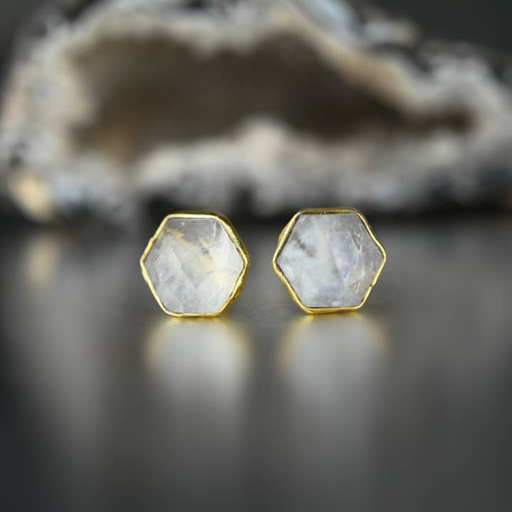 KBD Studio - Wholesale Stud/Post Earrings - Semi Precious Hexagon Gemstone Studs (8mm gold)25