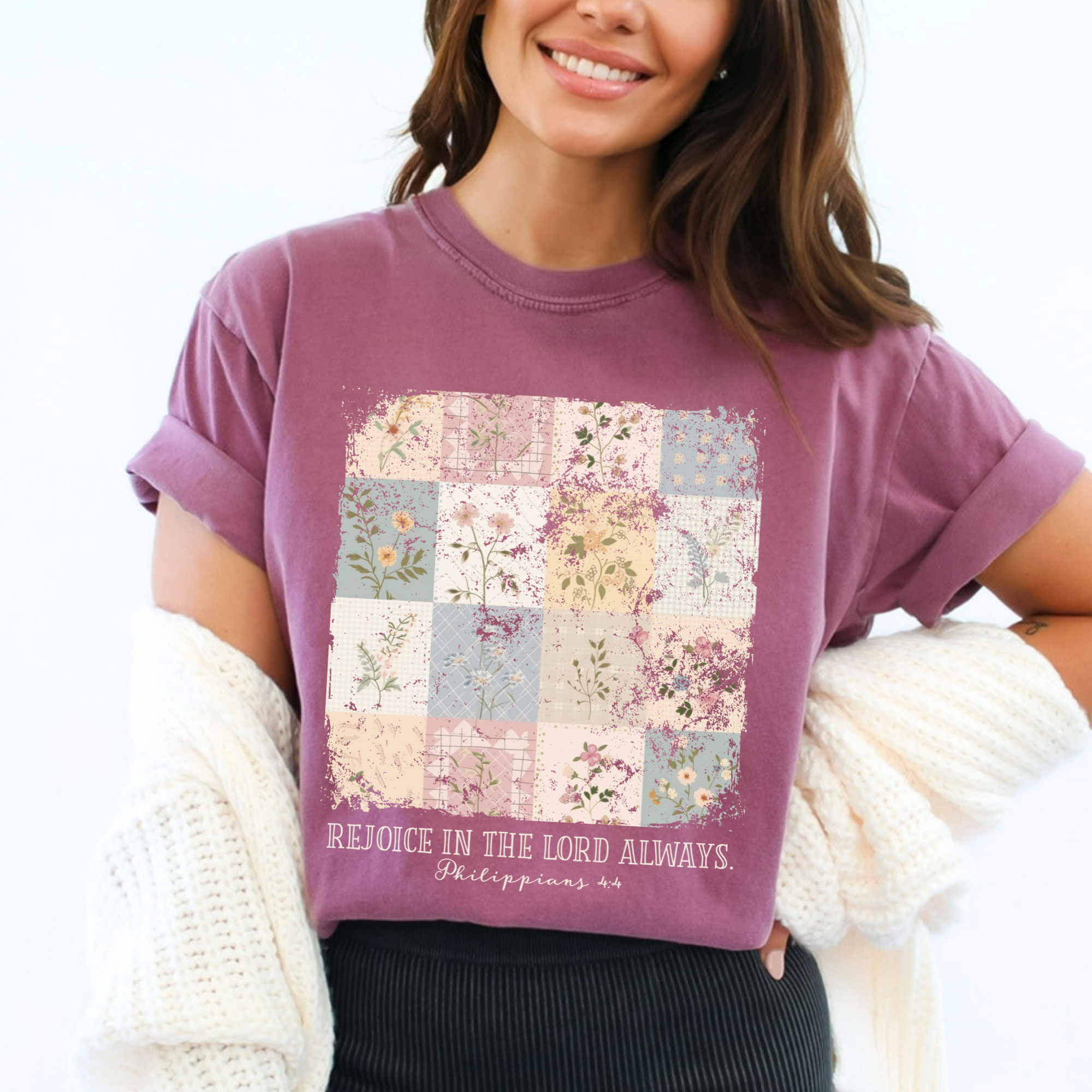 Scripted Pearl - Wholesale Screen Printed T-Shirt - Women's - Rejoice In The Lord Always Vintage Floral Comfort Colors Tee2