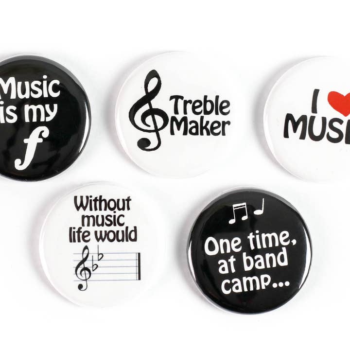 SET: Treble Maker Music Themed Pinback Buttons or Magnets for wholesale by Ifs, Ands, Or Buttons