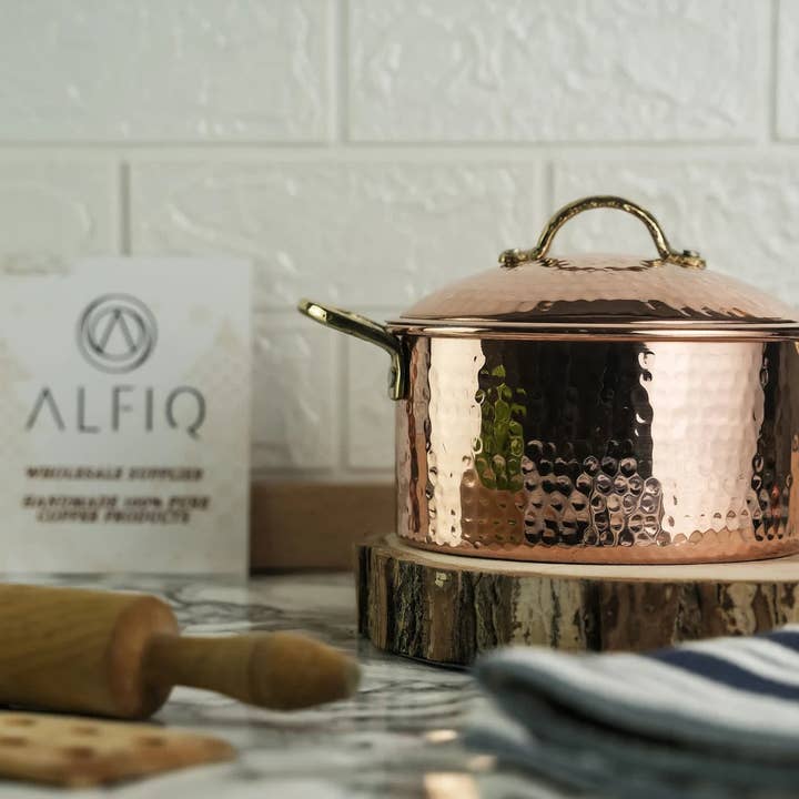 ALFIQ Copper – Engroshandel Grydesæt – Sæt med massivt kobberkøkkengrej og låg (messinghåndtag) | Håndlavet kobberkøkkenredskab