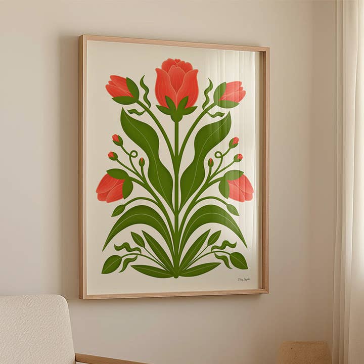 Impression d'art floral de tulipes rouges – Art mural botanique coloré pour la vente par Maz Leyden