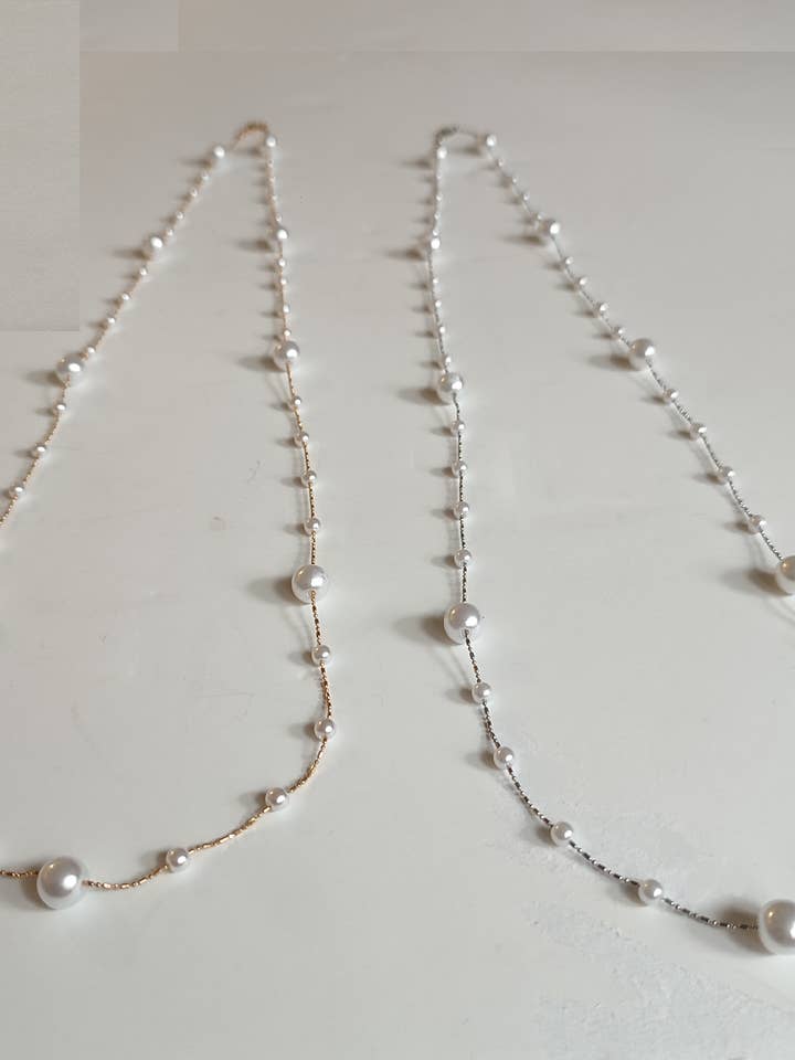 Long Chain Pearl Necklace with 4 Sm 1 Lg Pearls 36 inch long for wholesale by D LINE