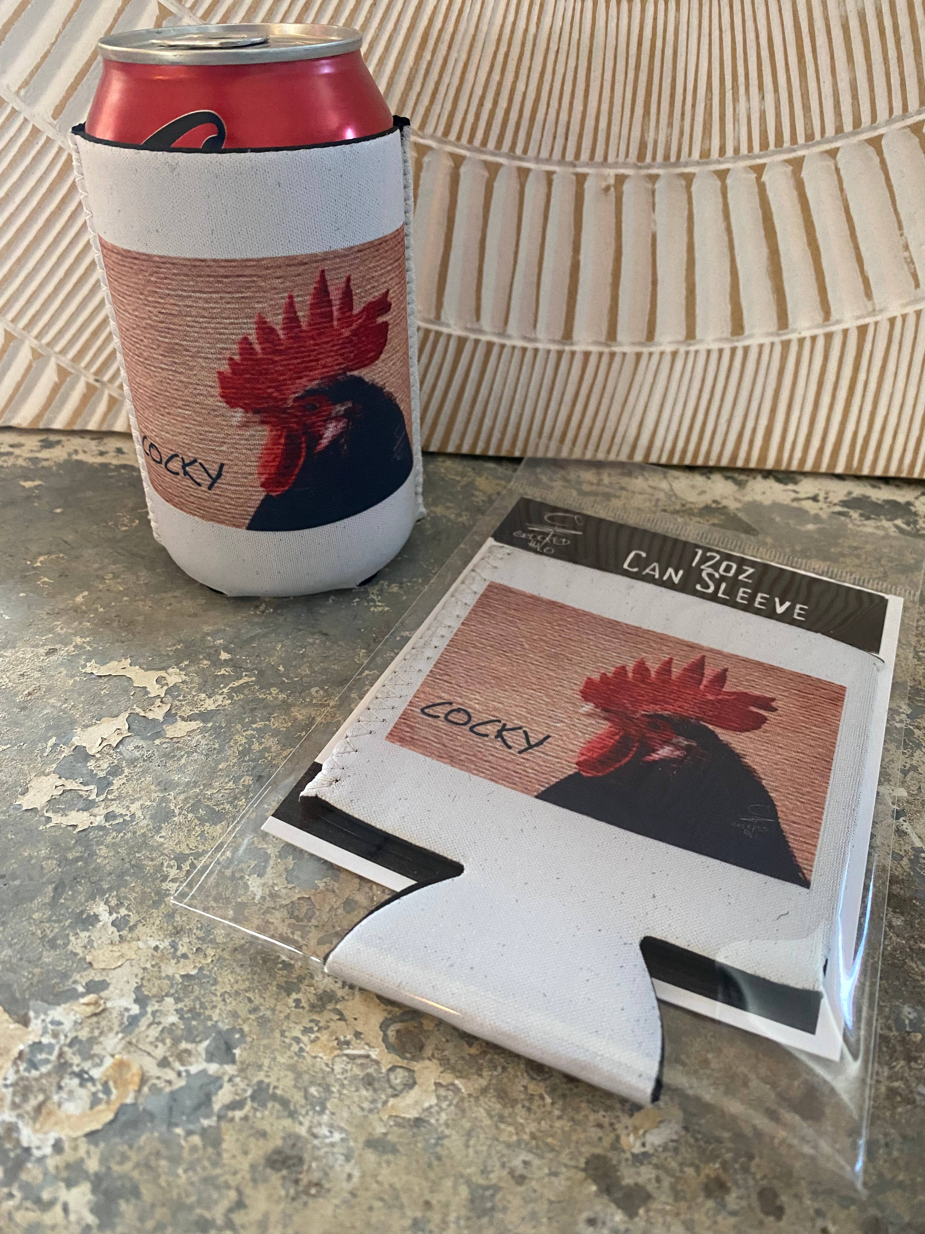 Crooked Halo - Wholesale Drink Huggers & Koozies - "Cocky" Rooster Neoprene Can Sleeve1