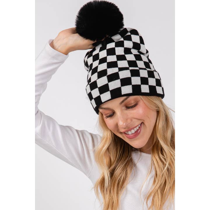 Collections by Fame Accessories - Wholesale Beanie - Women's - Checkered Pom Beanie