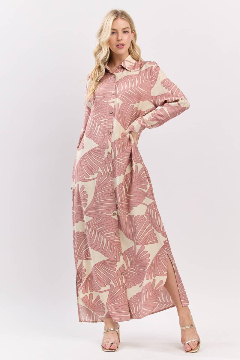 B I G H I T Fashion - Wholesale Dress - Women's - Palm Print Button-Down Maxi Dress HD3104-BLUSH2