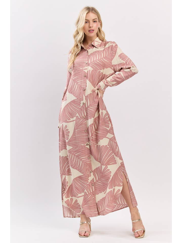 B I G H I T Fashion - Wholesale Dress - Women's - Palm Print Button-Down Maxi Dress HD3104-BLUSH2
