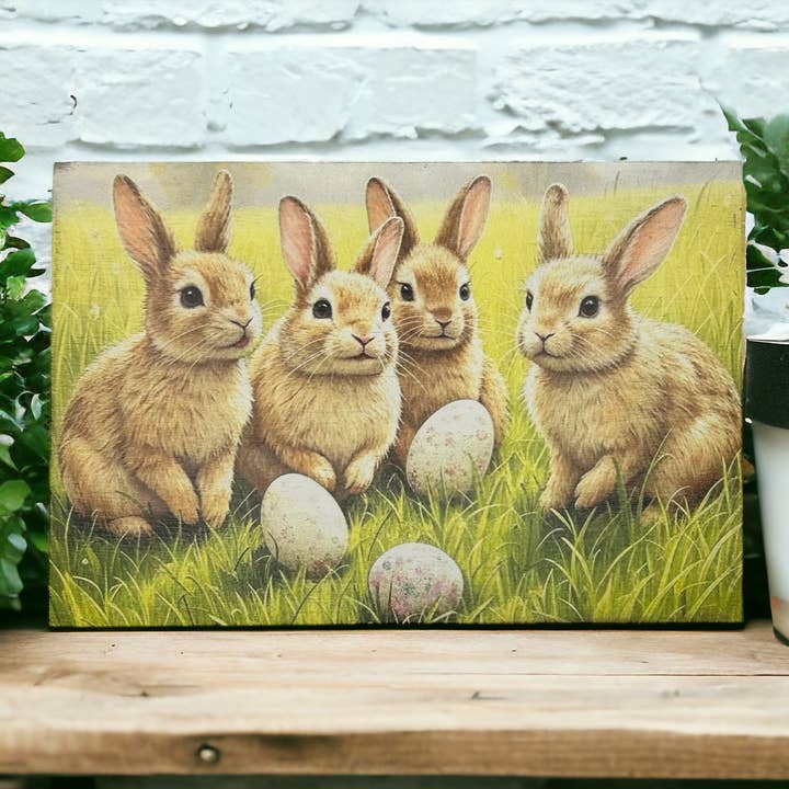 Inkwood Crafters - Wholesale Sign - Vintage Bunny Crew Hunting Easter Eggs - Rustic Spring Sign