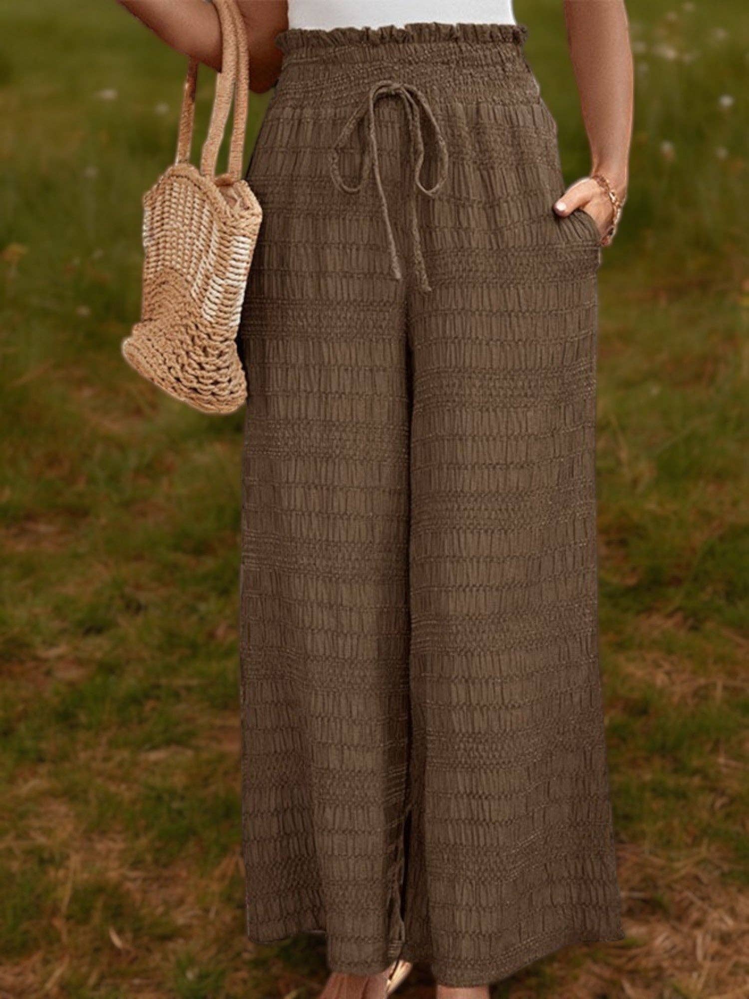 Marron Pantalon décontracté à jambe large et taille haute pour femmes en vente sur Faire1