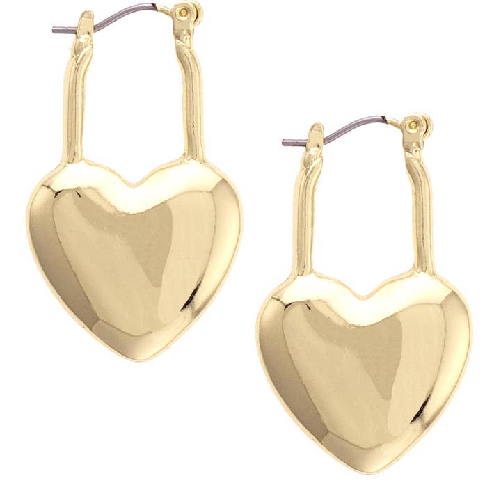 Bowen Puffy Heart Padlock Earrings in Shiny Gold for wholesale by Canvas Style