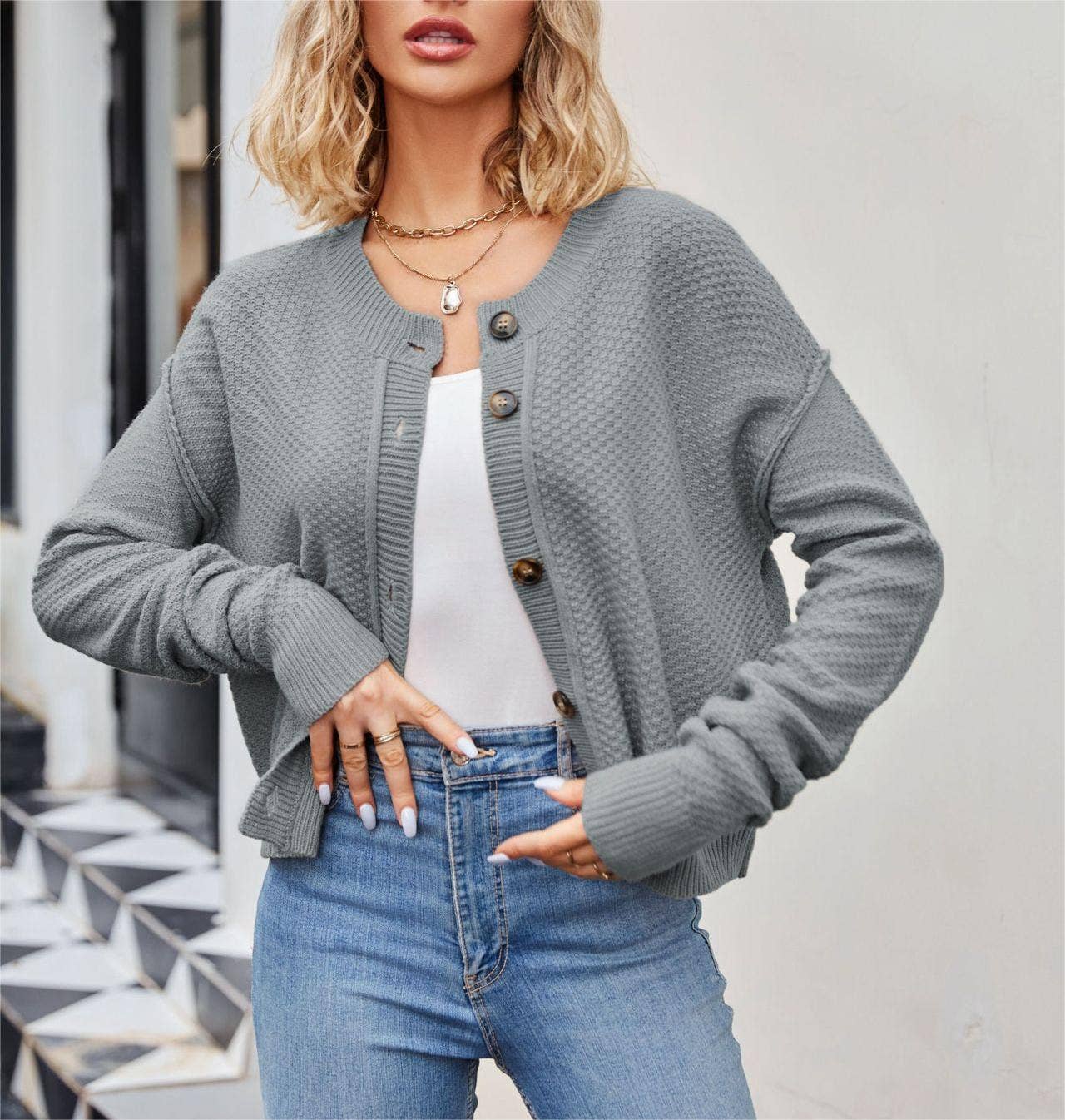 HIDDENBRAND - Wholesale Cardigan - Women's - Vintage Single-Breasted Button-Knit Cardigan3