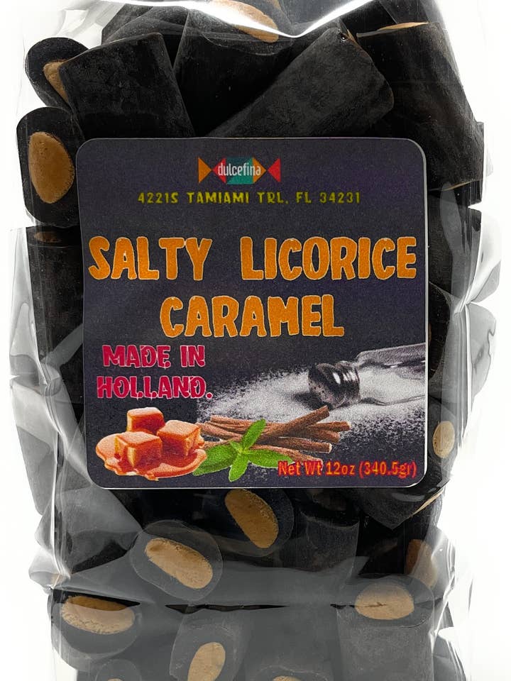 Dutch Salty Licorice with Caramel Center 11oz Bag for wholesale by Dulcefina Chocolate and Sweets