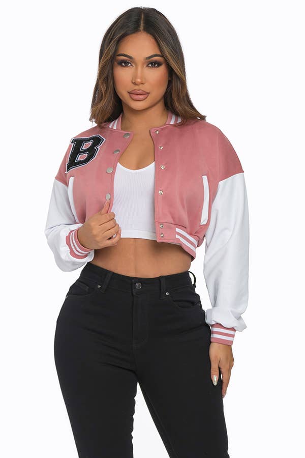 Lime All the Time - Wholesale Varsity/Baseball Jacket - Women's - B Logo Cropped Varsity Jacket with pocket4