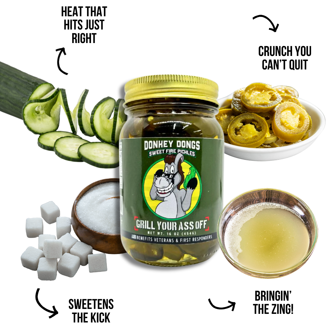 Grill Your Ass Off - Spices, Rubs, Seasonings, Sauces, Jerky - Wholesale Pickled Vegetables - Donkey Dongs Sweet Fire Pickles - Spicy Pickle Chips1