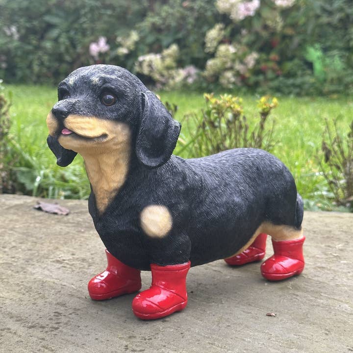 Dachshund Welly Dog in Red Wellington Boots ornament, 25cm, gift boxed for wholesale by Animal Crackers