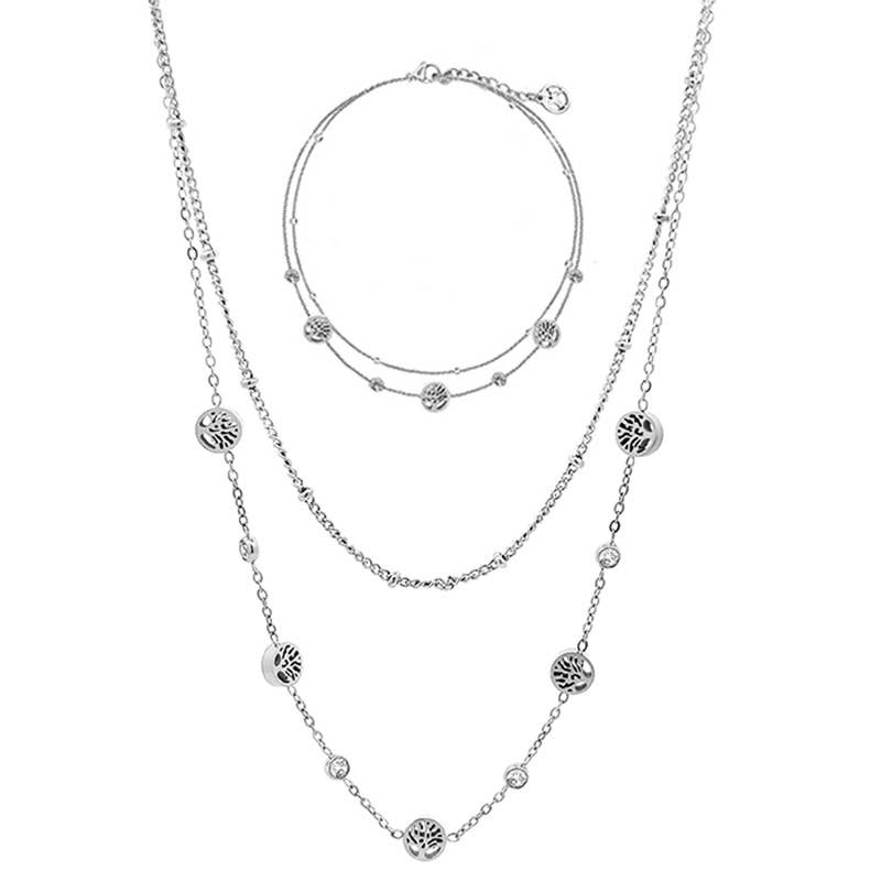 AMORINO SRL - Wholesale Jewelry Set - TREE OF LIFE & ZIRCONIA & DOUBLE STRAND SET - JN23888E1
