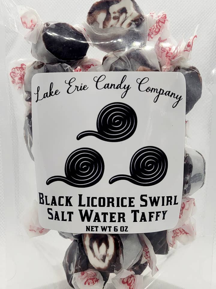Black Licorice Swirl Salt Water Taffy for wholesale by Lake Erie Candy Company